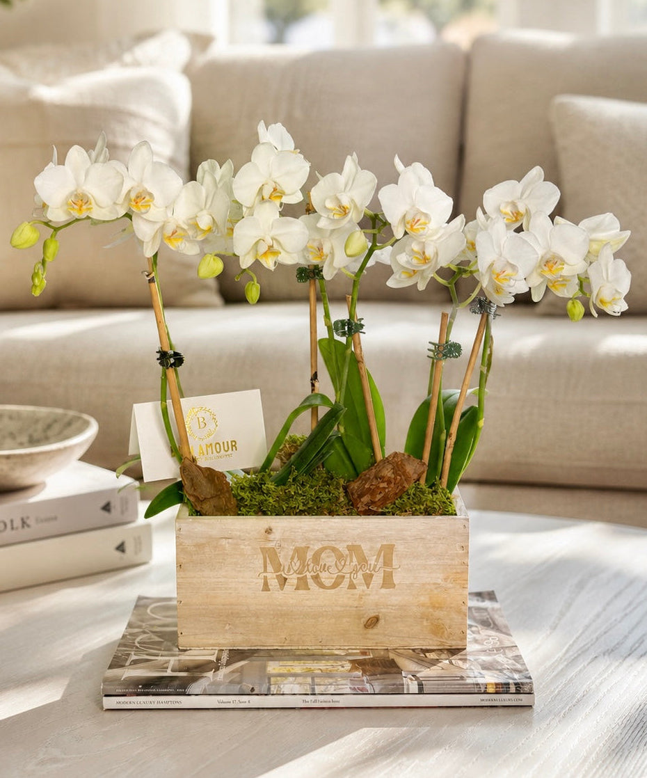 White orchids in a wooden box labeled 'Mom' on a coffee table with a couch in the background.