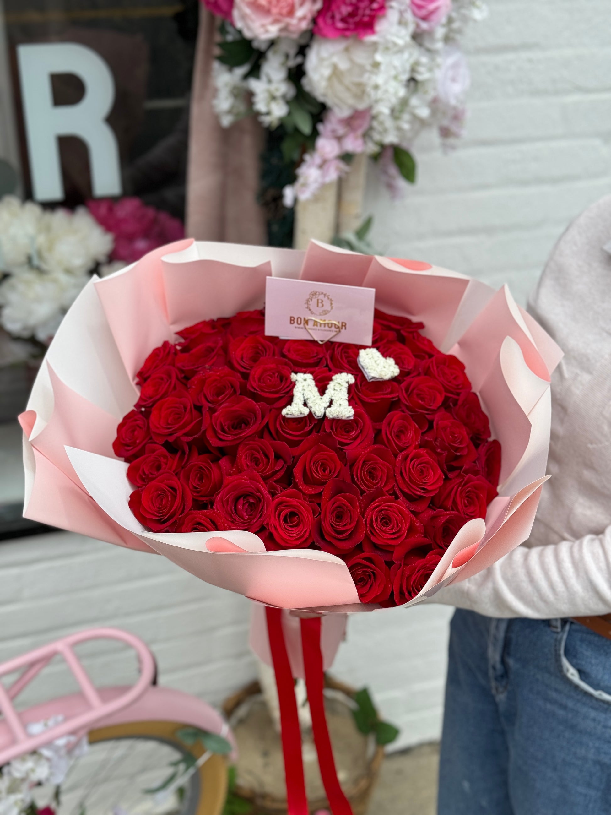 Personalized letter red rose bouquet